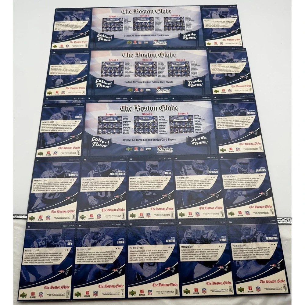 2007 Upper Deck New England Patriots Boston Globe Complete 3 Sheet Set Tom Brady